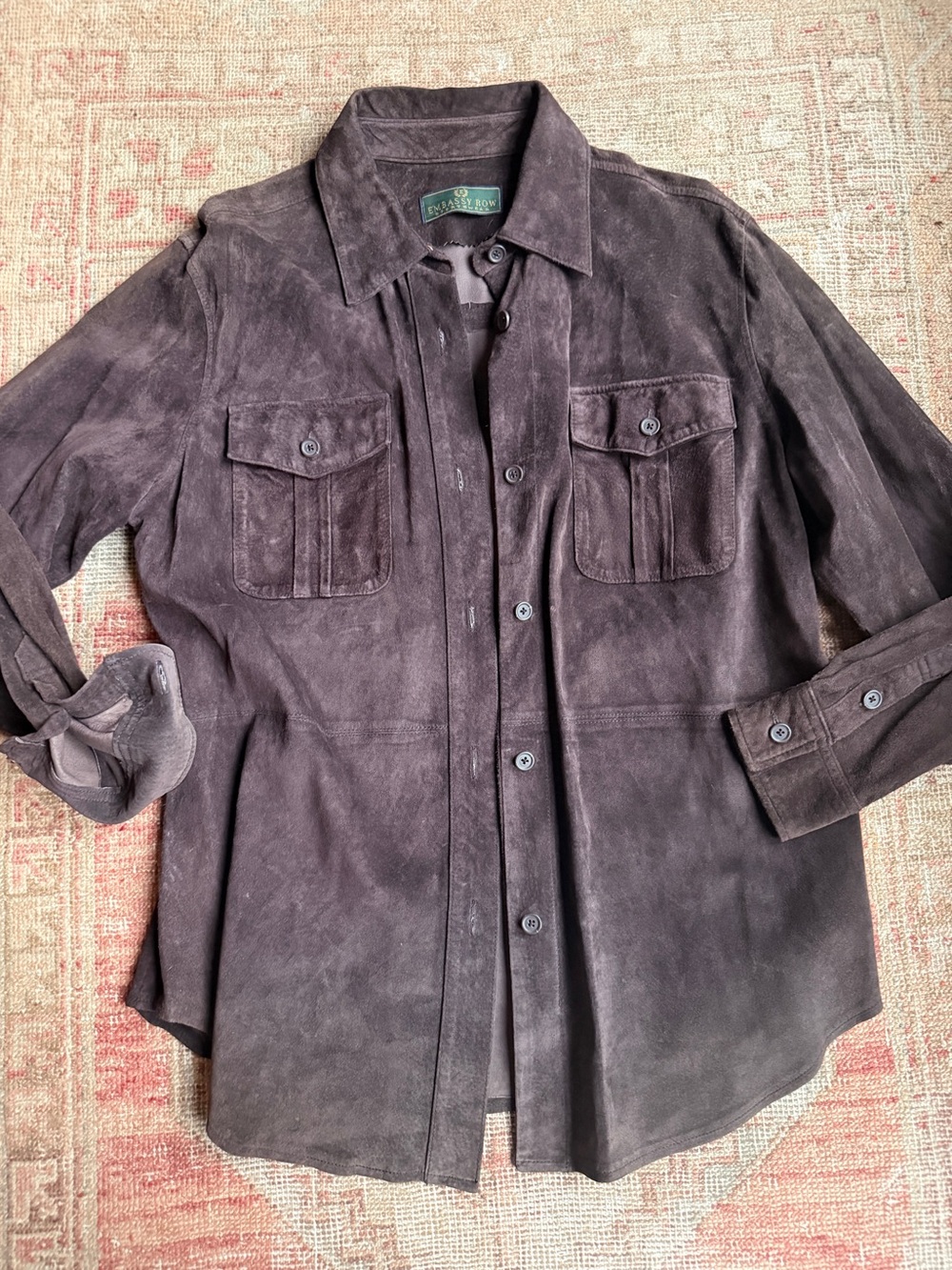 Suede Button-Down Shirt Jacket in Dark Brown